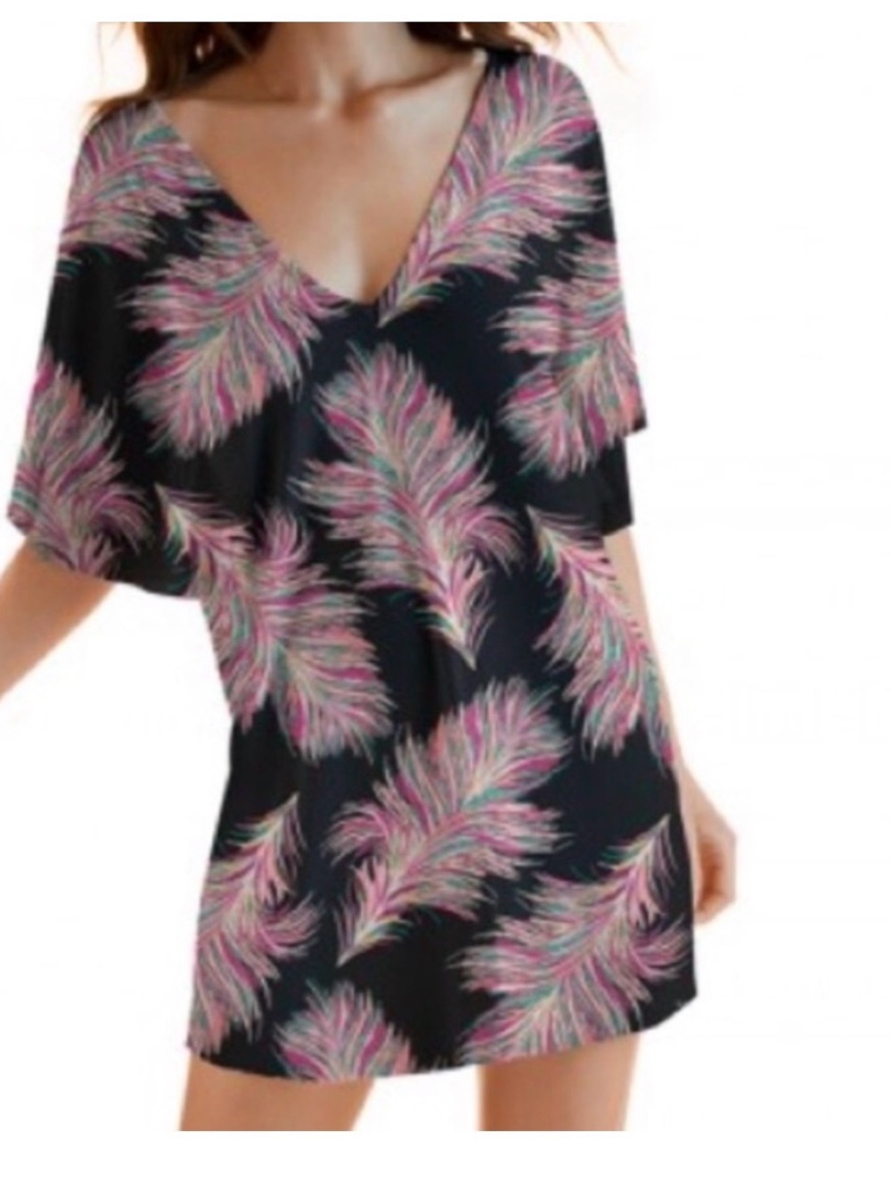 Women's V-Neck Black Swim Coverup with Pink Feather Print